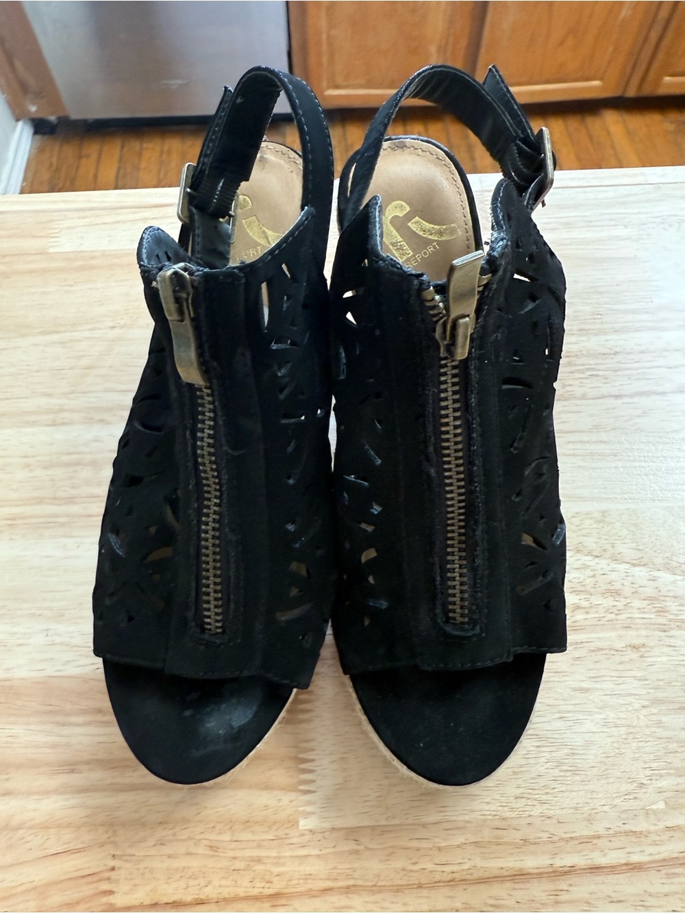 Report Black Laser-Cut Front-Zip Slingback Heels